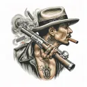 Chicano gangster smoking a cigar with gun smoke in the back ground and family written in spray paint writing above head tattoo design idea