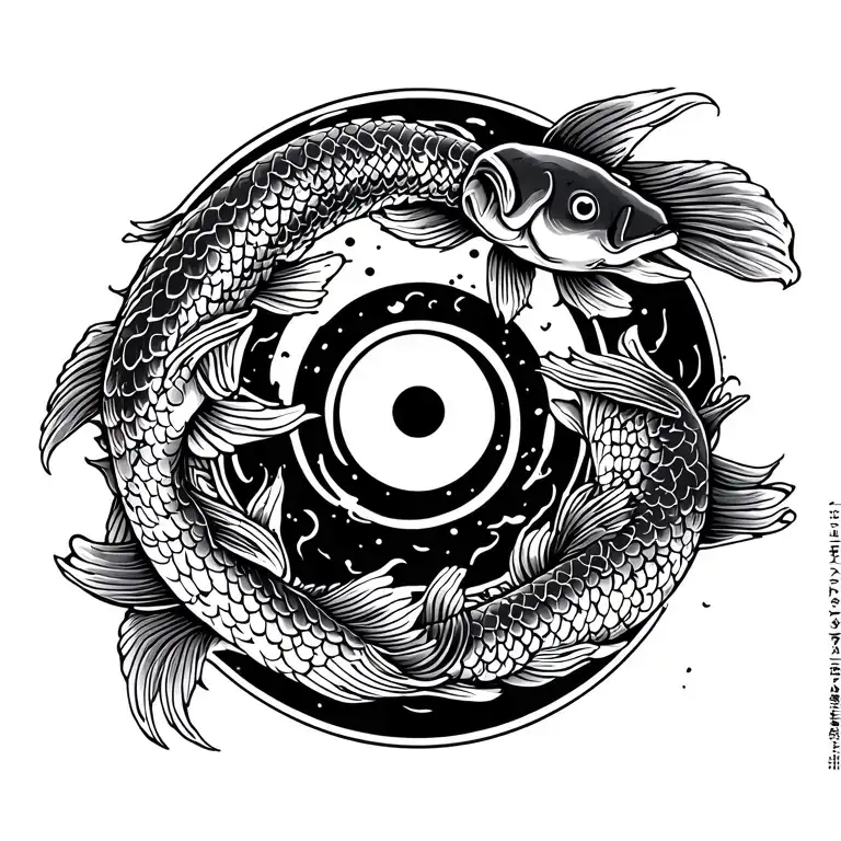 japanese tattoo with sun in the middle and 2 koi carp orbiting tattoo design idea