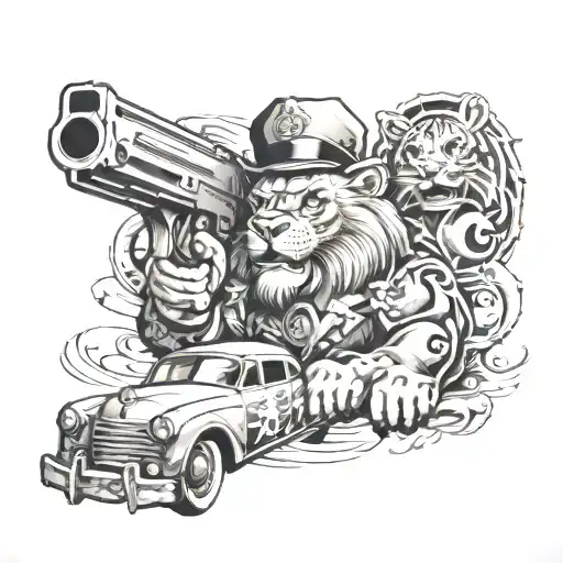 lion with dollars donald duck retro car and gun realism tattoo design idea