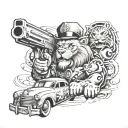 lion with dollars donald duck retro car and gun realism tattoo design idea