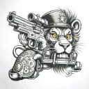 lion with dollars donald duck retro car and gun realism tattoo design idea