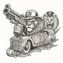 lion with dollars donald duck retro car and gun realism tattoo design idea