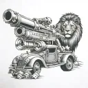 lion with dollars donald duck retro car and gun realism tattoo design idea