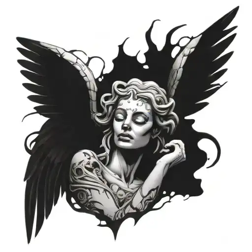 stone medusa statue sad with cracks with skeleton behind hugging her with angel wings tattoo design idea