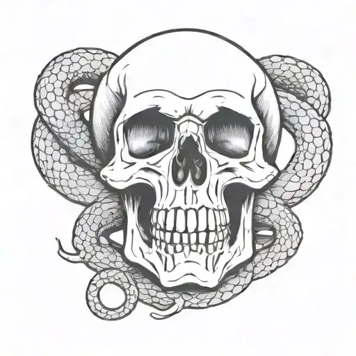traditional skull with snake no heavy lines tattoo design idea