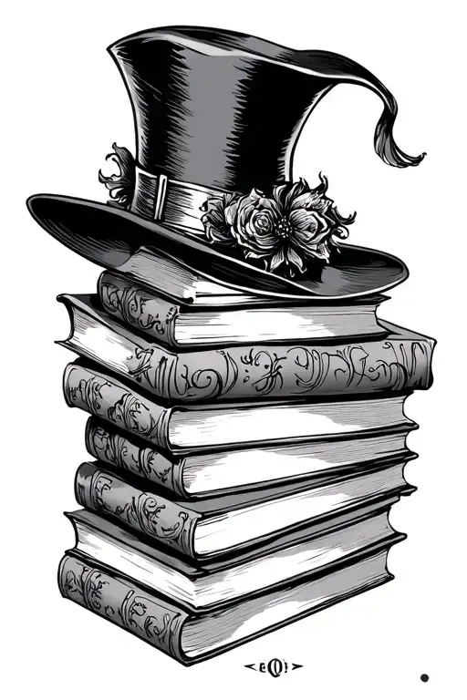 the reader tarot card featuring a stack of books and on top of them is the mad hatter hat from Alice in wonderland  tattoo design idea