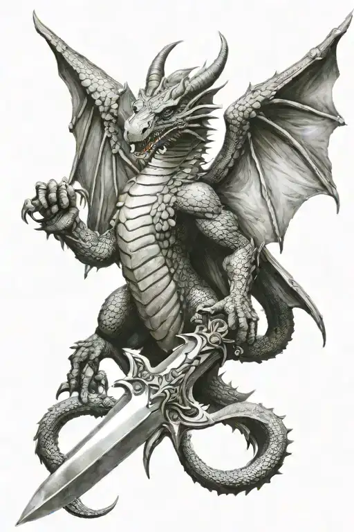 english dragon with big wings stay on templar sword tattoo design idea