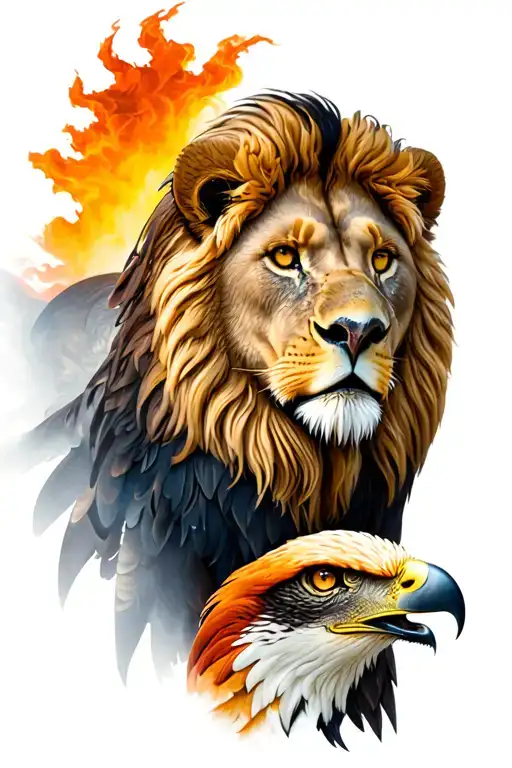 A detailed, lifelike depiction of both animals, perhaps with the lion's face on the upper leg and the eagle's head on th tattoo design idea
