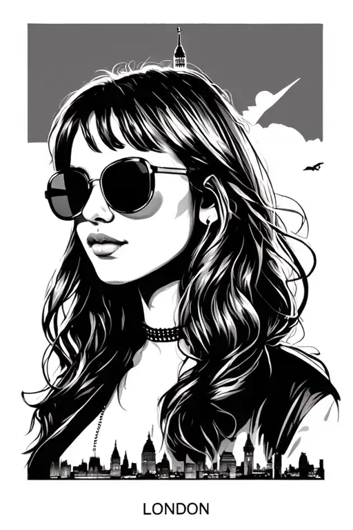 girl with aviators london skyline silhouette tattoo design idea