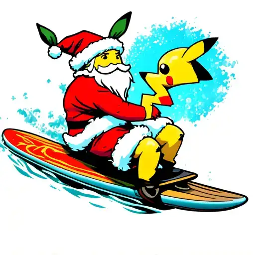 Pikachu surfing Santa riding tattoo design idea