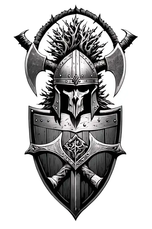 half sleeve tattoo with yggdrasil, helm of awe, crossed viking axes with shield, vegvisir. tattoo design idea
