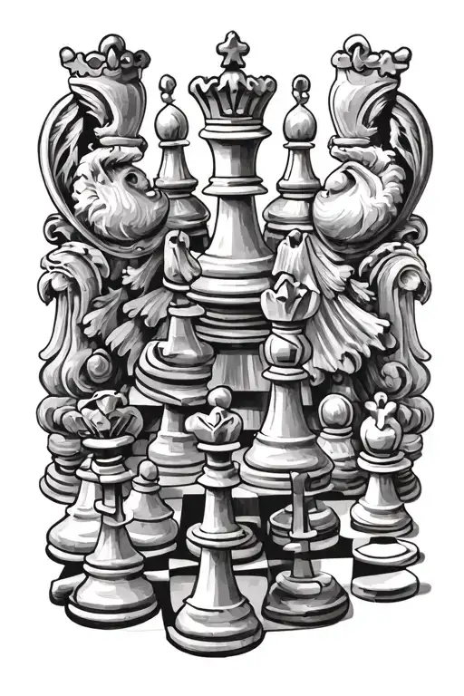 chess king and queen with other chess pieces in background tattoo design idea