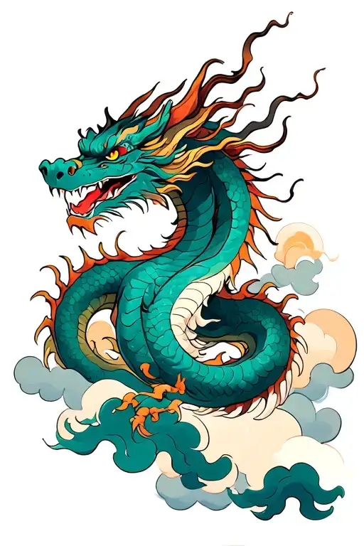 chinese dragon wrapped around tree in the clouds  tattoo design idea