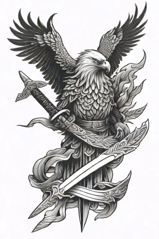 katana with eagle head and wings tattoo design idea