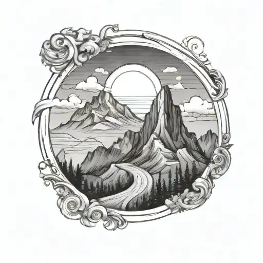 A majestic mountain range with a winding road leading to new horizons tattoo design idea