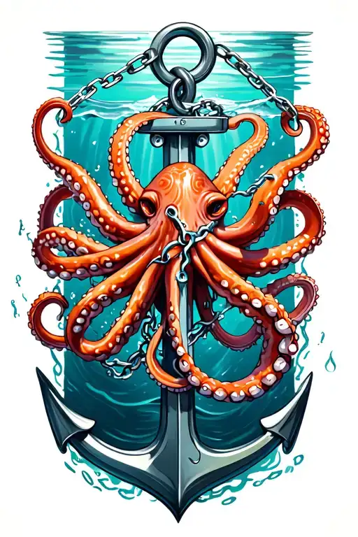 octopus wrapped around anchor in water with broken chain tattoo design idea