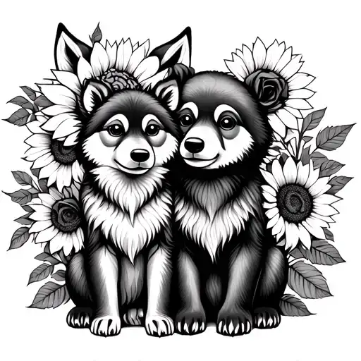  cute baby wolf and bear sitting with sunflowers and roses. black tattoo design idea
