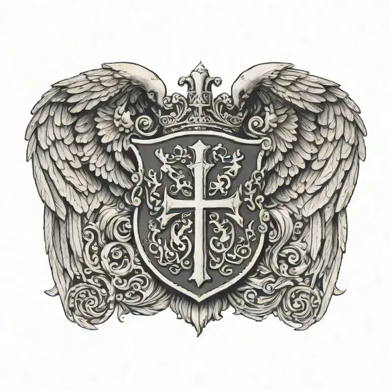 Coat of arms with cloud , wings of dove and cross and templar on top , equal tattoo design idea