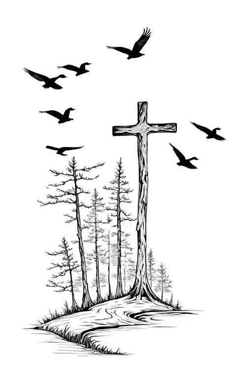 Ducks flying and a cross in a wooded scene tattoo design idea