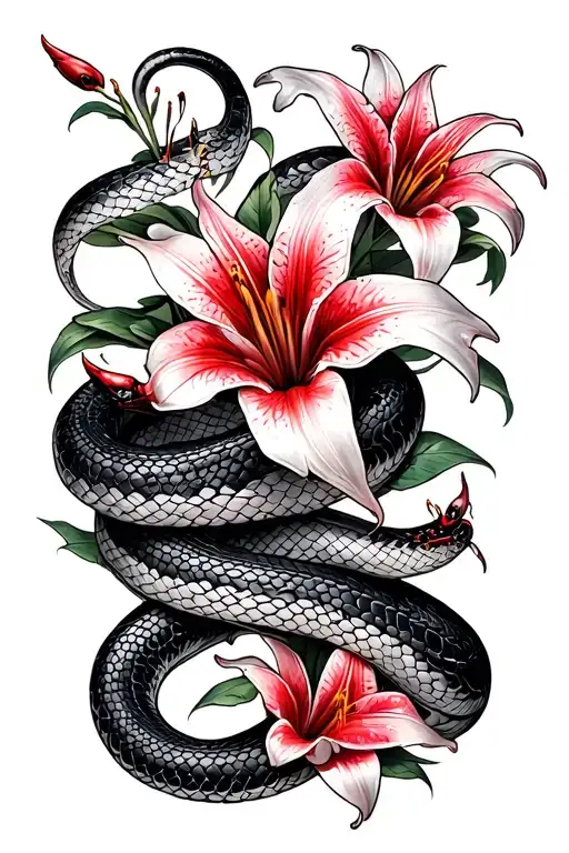 Snake wrapped around arm staring from tail wrapping wrist wrapping up to shoulder. red spider lilly Flowers around tattoo design idea