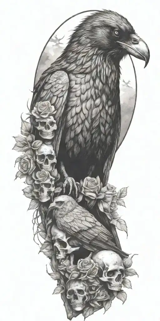 raven sitting on top a mound of skulls and roses tattoo design idea
