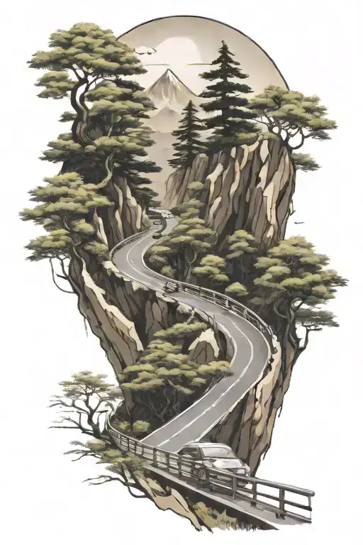 Japanese Mountain Road with guardrails (Touge) with mountain in backround and some trees.  tattoo design idea