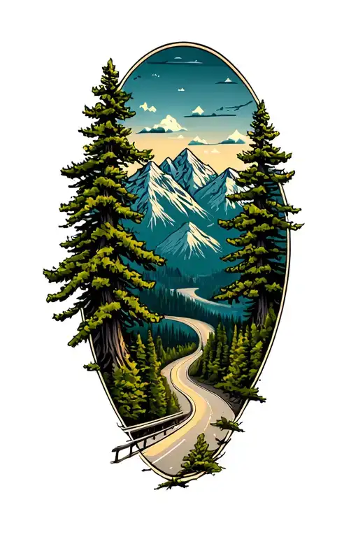 Winding Road and pine trees into mountains  tattoo design idea