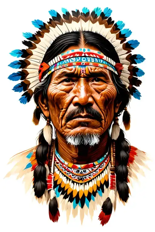 eve American Indian man (Hala y) with wrinkles and on his face symbols of their cultures tattoo design idea