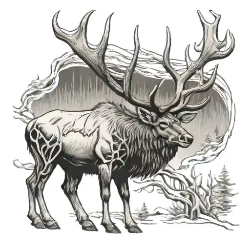 bull elk with trout skeleton tattoo design idea