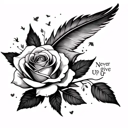 a rose, a feather, flying birds, never give up  tattoo design idea