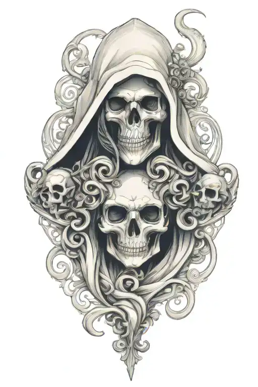 hooded skull reaper holding beautiful medusa woman by her chin and almost kissing her. both facing each other  tattoo design idea