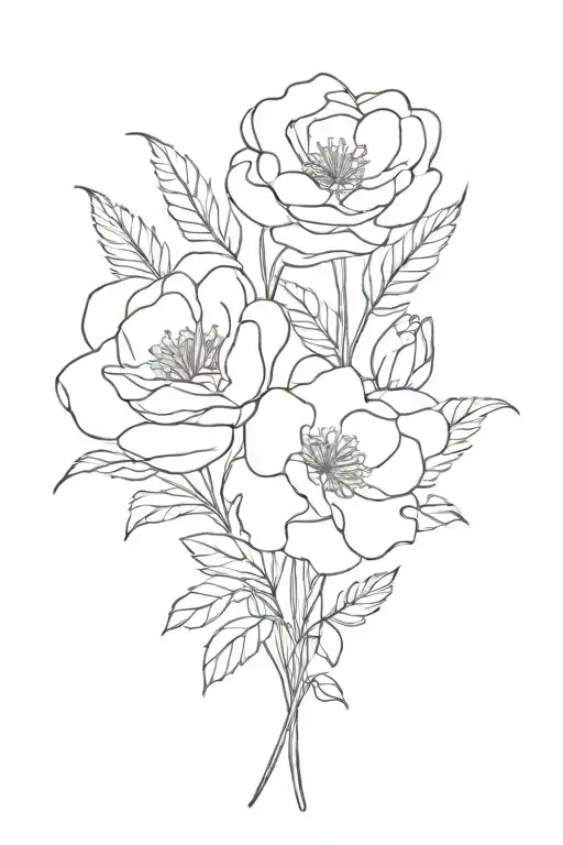 January, July, and February birth flower bouquet tattoo design idea