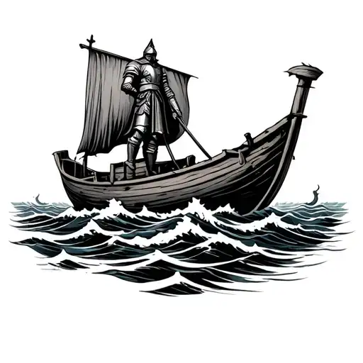 Medieval blackwork tattoo, bold line art, a small wooden boat in stormy seas, a knight standing at the bow  tattoo design idea