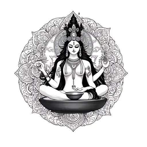 The goddess of death Kali, surrounded by a mandala, staged Gong Fu Cha Chinese tea ceremony tattoo design idea