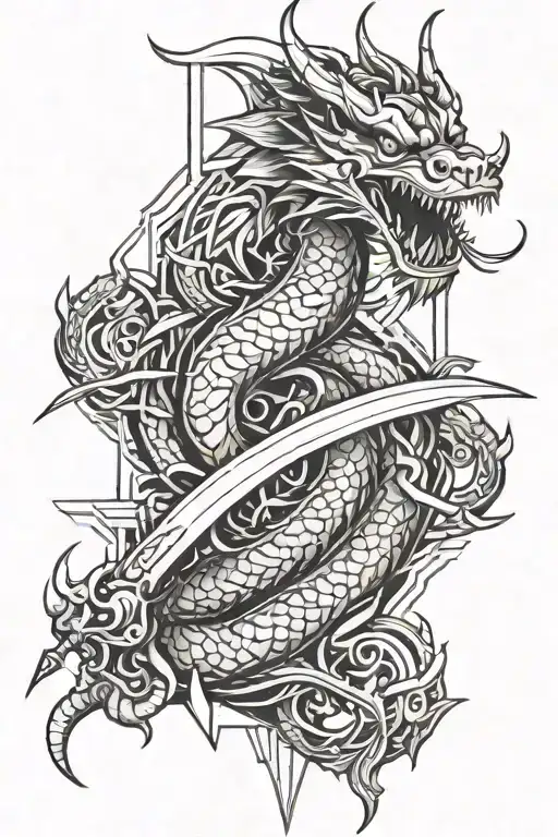 asian dragon and sword tattoo design idea