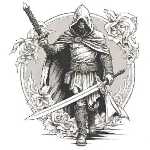 a hooded warrior who stands up straight tattoo design idea