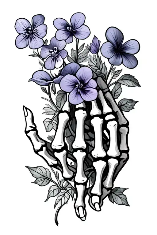 skeleton hand with violets grow flowers tattoo design idea