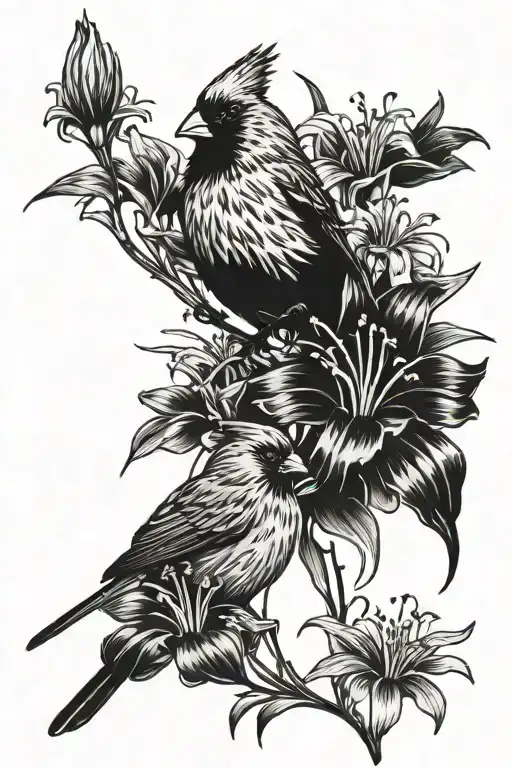 red cardinal and spider lilies tattoo design idea
