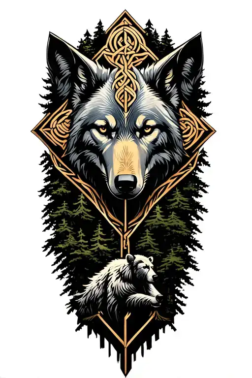 A metallic wolf within a celtic cross that leads down into a tree with a mountain, sasquatch, and bear tattoo design idea