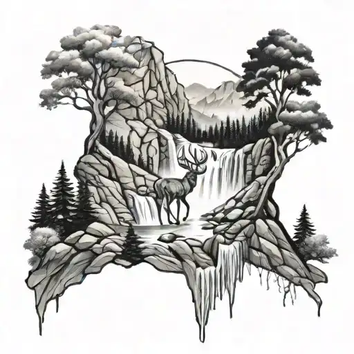 mountains deer waterfall cascading tattoo design idea