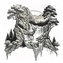 mountains deer waterfall cascading tattoo design idea