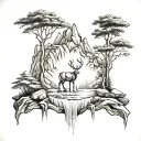 mountains deer waterfall cascading tattoo design idea