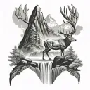 mountains deer waterfall cascading tattoo design idea