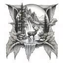 mountains deer waterfall cascading tattoo design idea