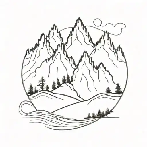 moutain, wave, redwood tree single line tattoo tattoo design idea