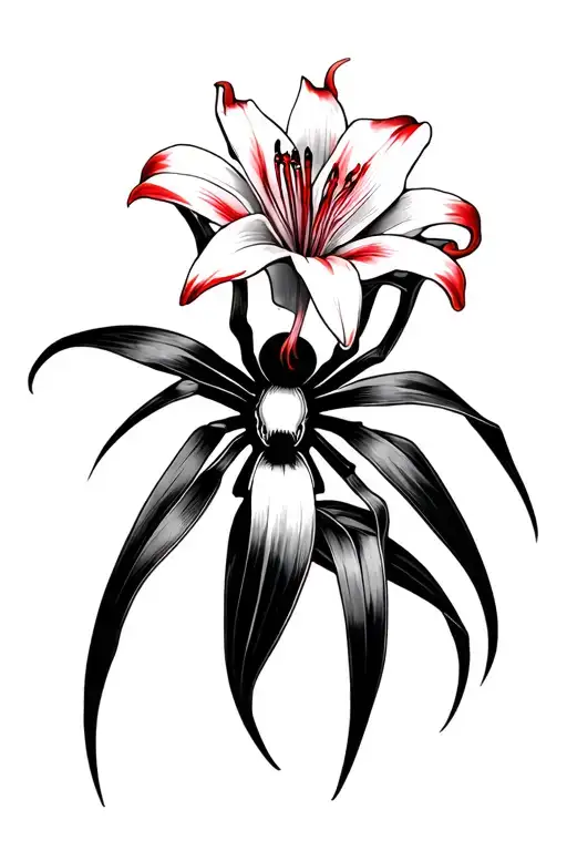 "Masculine red spider lily tattoo design for arm, minimalistic blackwork style with sharp, clean lines and limited brigh tattoo design idea