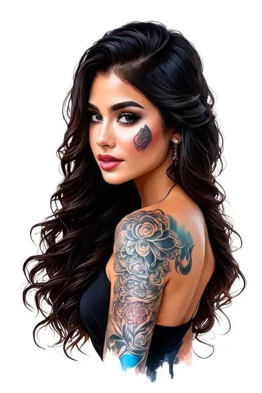 Turned back beautiful woman with long hair and lips tattoo design idea