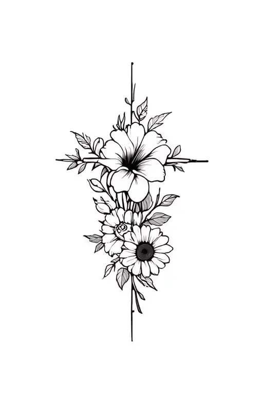 cross with hibiscus, rose, tulip and sunflower  tattoo design idea
