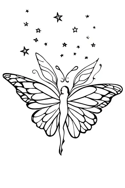 Butterfly wings with fairy and stars coming tattoo design idea