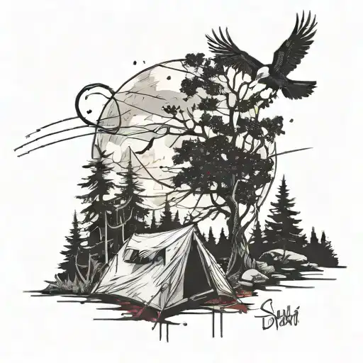 Moon shining above a campsite surrounded by ghoulish trees with a flying bird struck by an arrow tattoo design idea